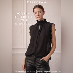 Derek Lam Runway 100% Silk Sheer Ruffle Blouse Black | Size 4 | Made in Italy